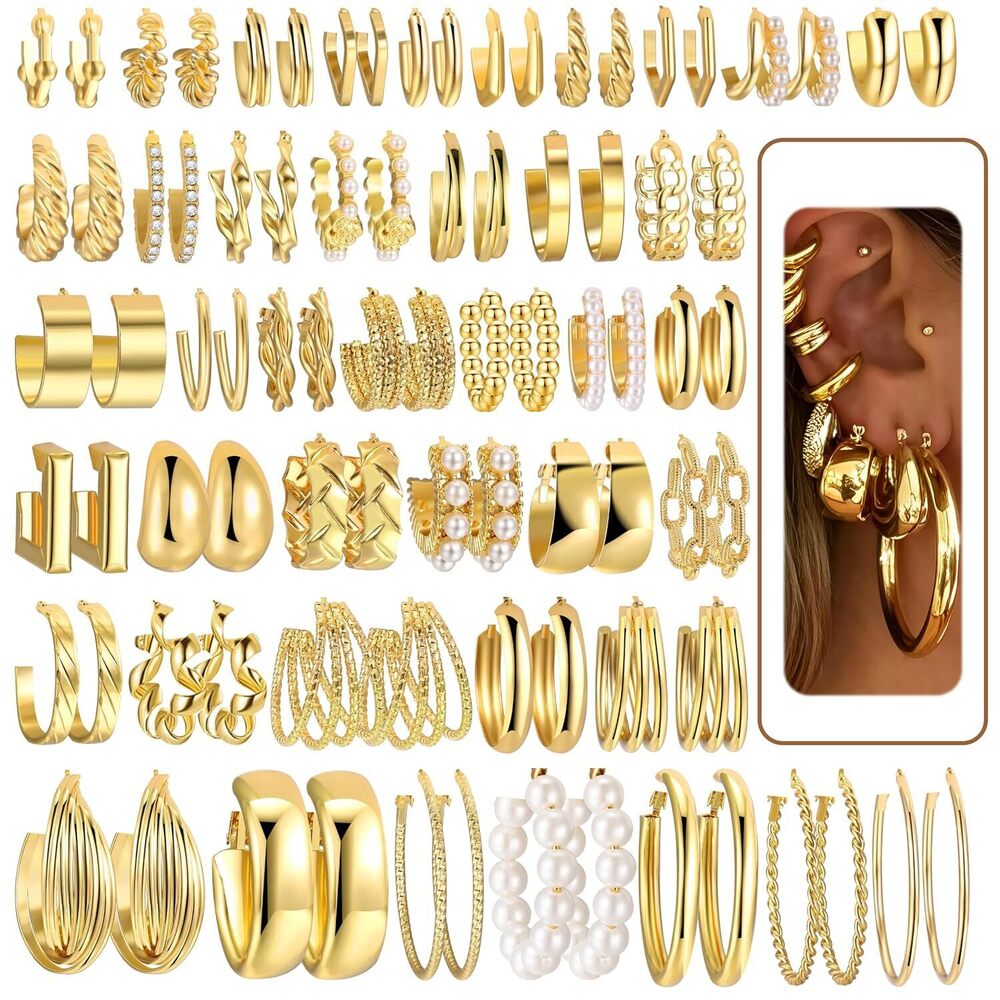 42 Pairs Gold Hoop Earrings Set for Women, Fashion Chunky Pearl Earrings